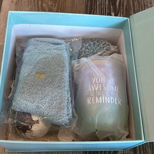 NIB! Box of Uplifting Gifts Candle Bath Bomb Bracelet Keychain Spa Socks Etc